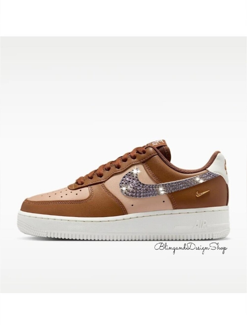 Bling Nike Air Force 1 07 Brown Shoes Sneakers Customized With Crystals